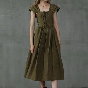 Linennaive Lace-Up Dress in Green Linen, Size XS